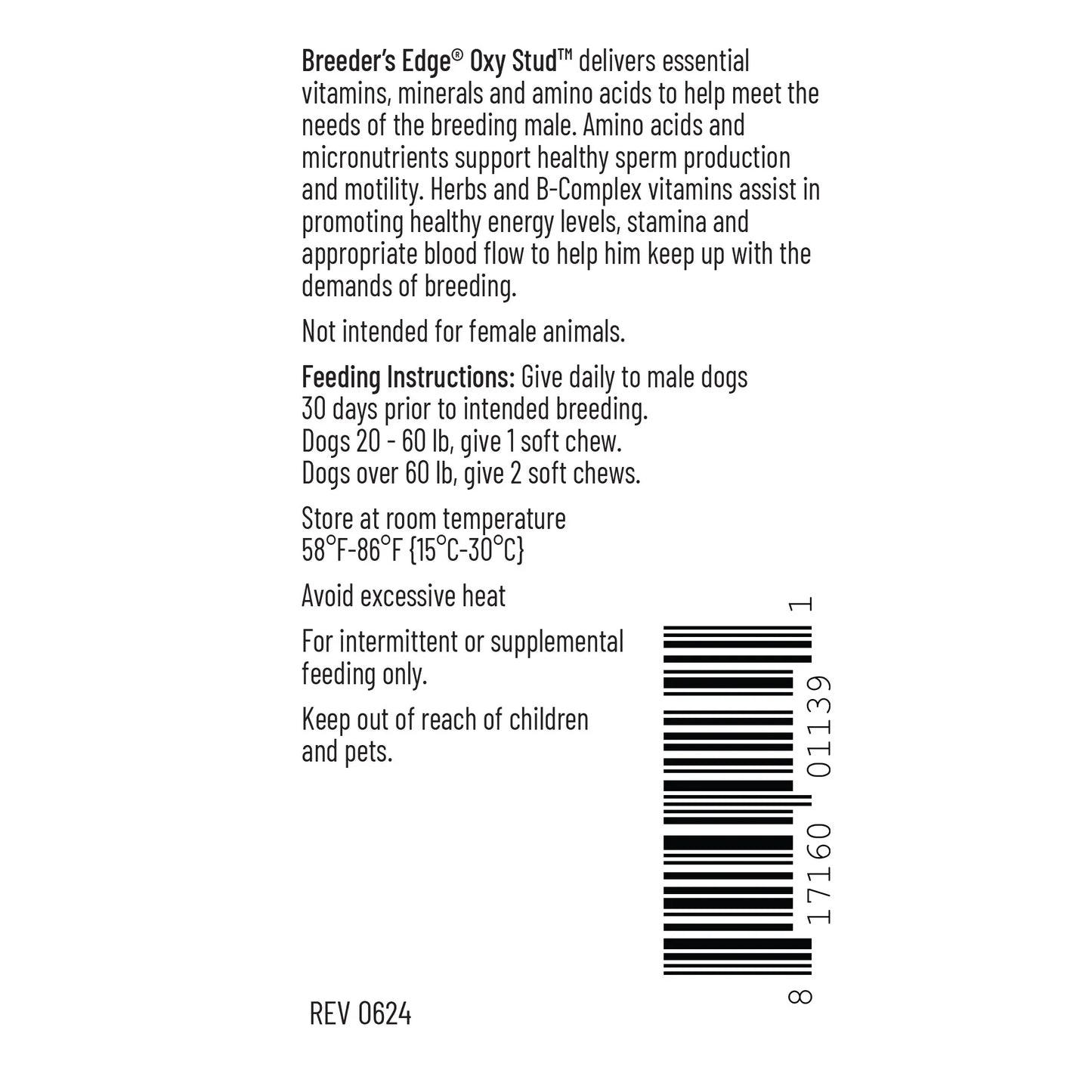 Breeder's Edge® Oxy Stud™,"Back label panel with feeding instructions and barcode"