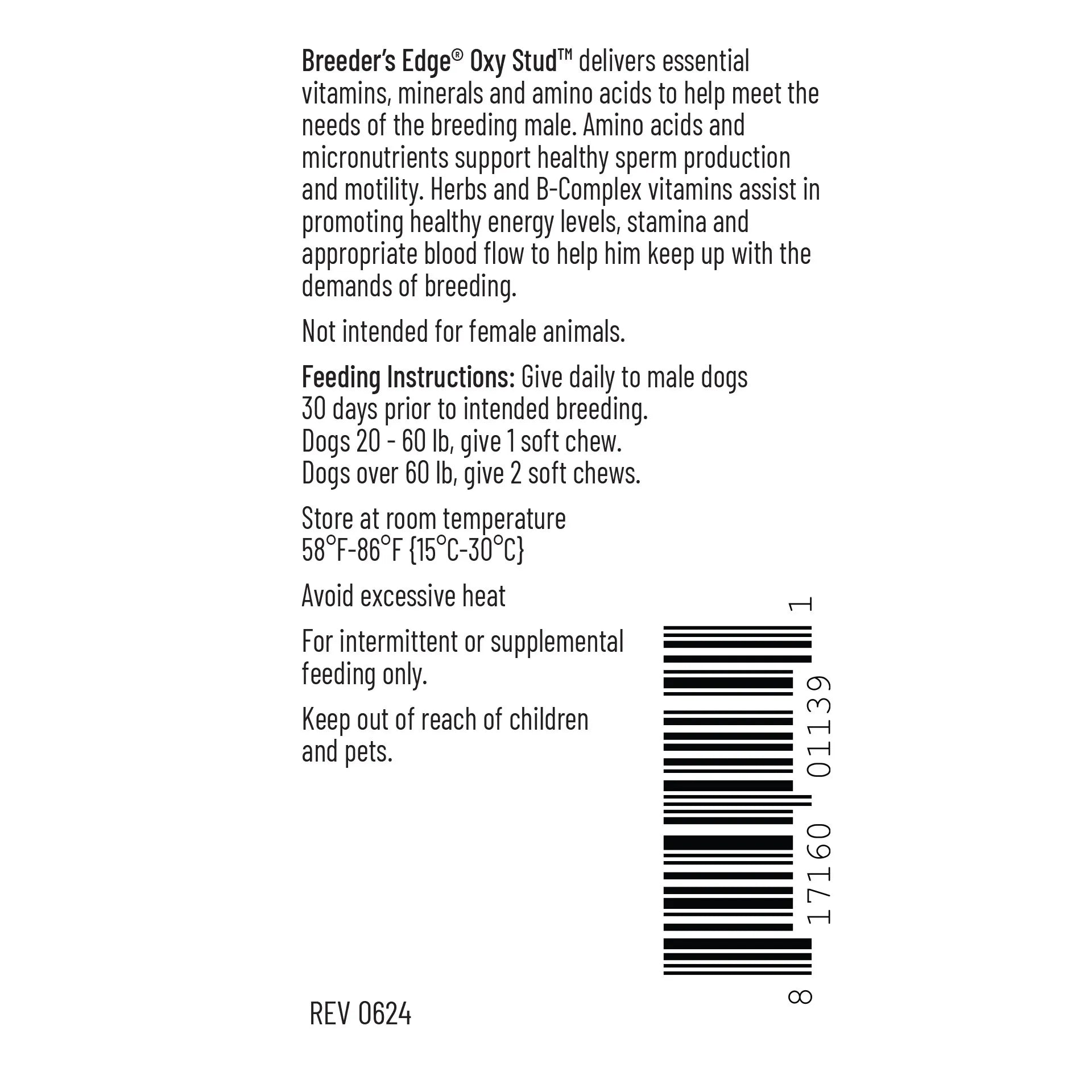 Breeder's Edge® Oxy Stud™,"Back label panel with feeding instructions and barcode"