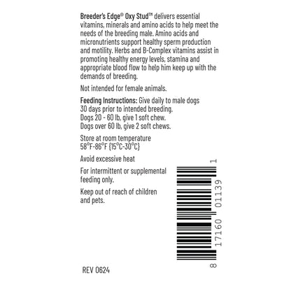 Breeder's Edge® Oxy Stud™,"Back label panel with feeding instructions and barcode"