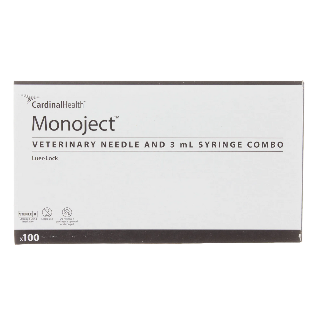 3cc MonoJect™ Syringes with 22 gauge Needles,"Front view of syringe box packaging"