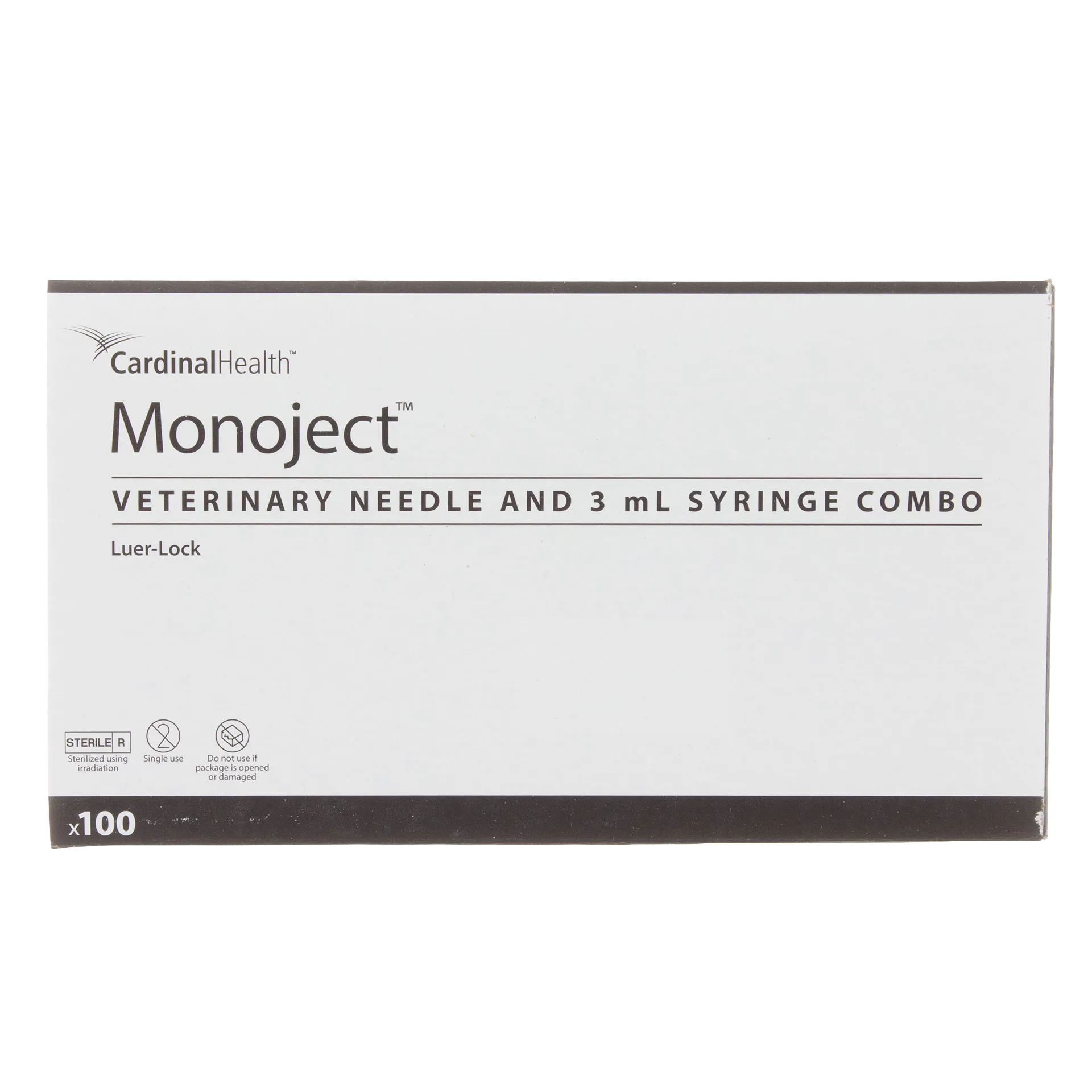 3cc MonoJect™ Syringes with 22 gauge Needles,"Front view of syringe box packaging"