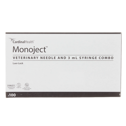 3cc MonoJect™ Syringes with 22 gauge Needles,"Front view of syringe box packaging"