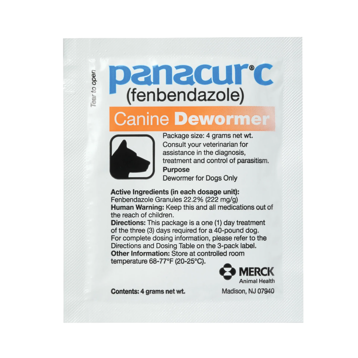 Panacur® C Canine Dewormer,"Single white dewormer packet with dog silhouette icon"