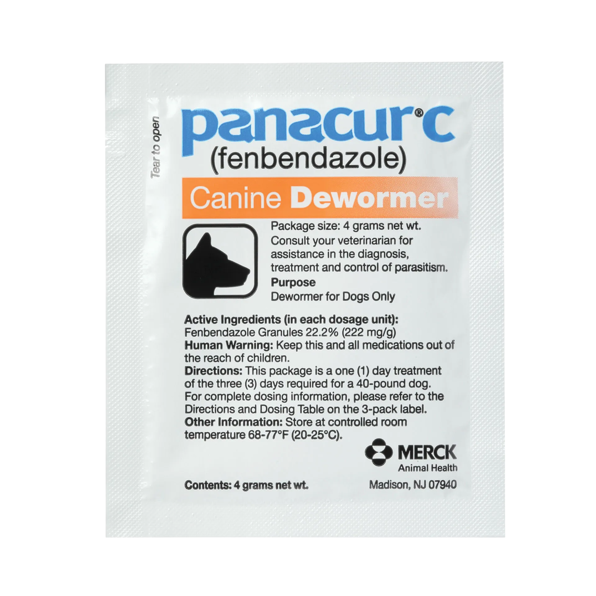 Panacur® C Canine Dewormer,"Single white dewormer packet with dog silhouette icon"
