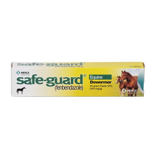 Safe-Guard® Equine Dewormer,"Yellow and white dewormer paste box with horse images"