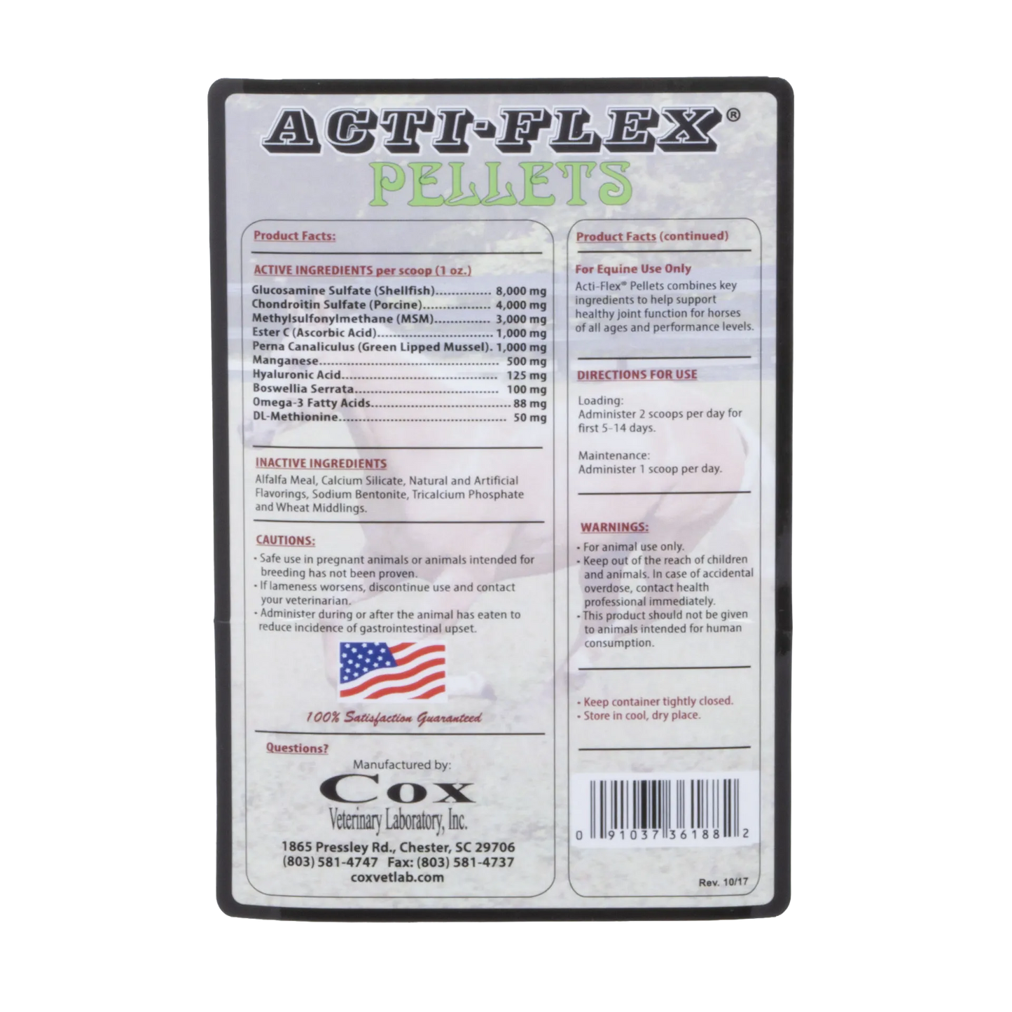 Acti-Flex Pellets for Horses,"Back label panel with product facts and barcode"