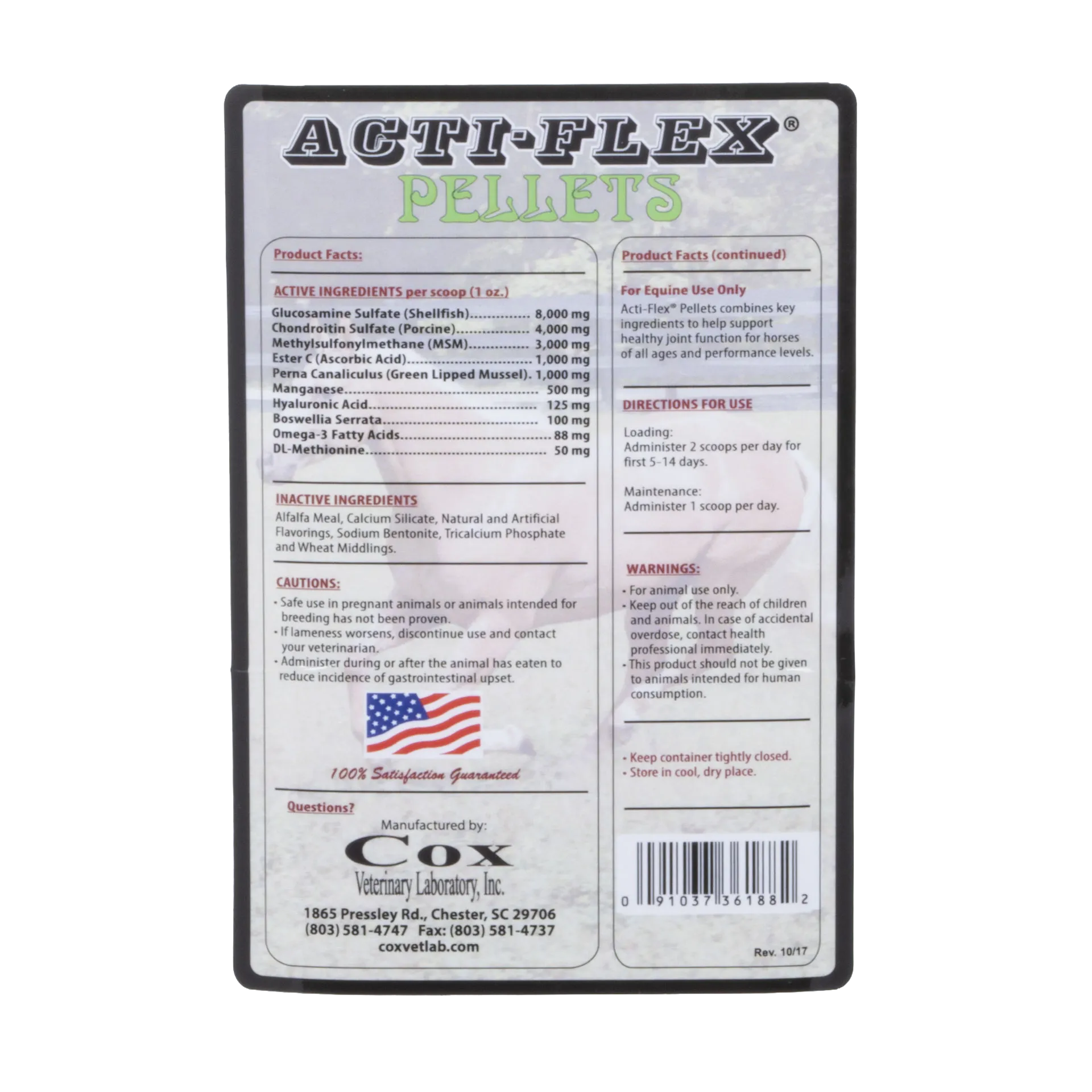 Acti-Flex Pellets for Horses,"Back label panel with product facts and barcode"