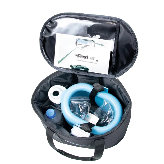 Flexineb® System Storage Case,"Open black storage case with blue mask and accessories"