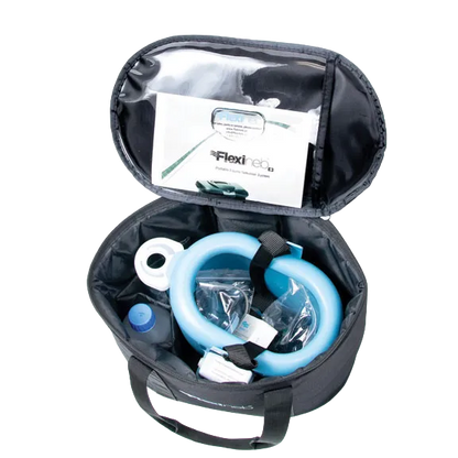 Flexineb® System Storage Case,"Open black storage case with blue mask and accessories"