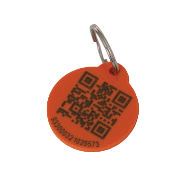 BuddyID®  ISO Microchip,"Orange round tag with QR code and metal key ring"