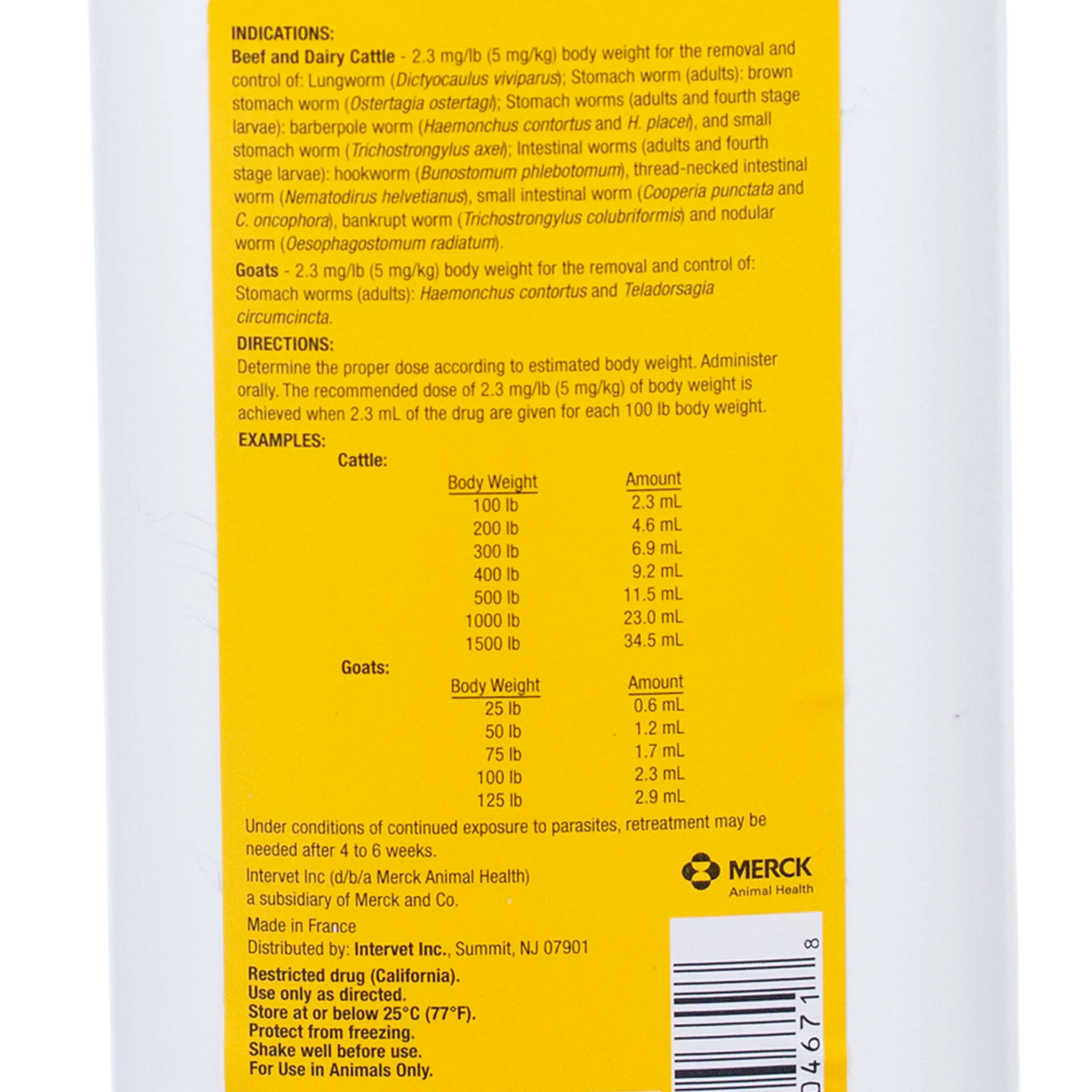 Safe-Guard® Dewormer for Goats Cattle,"Back label with dosage directions and barcode"