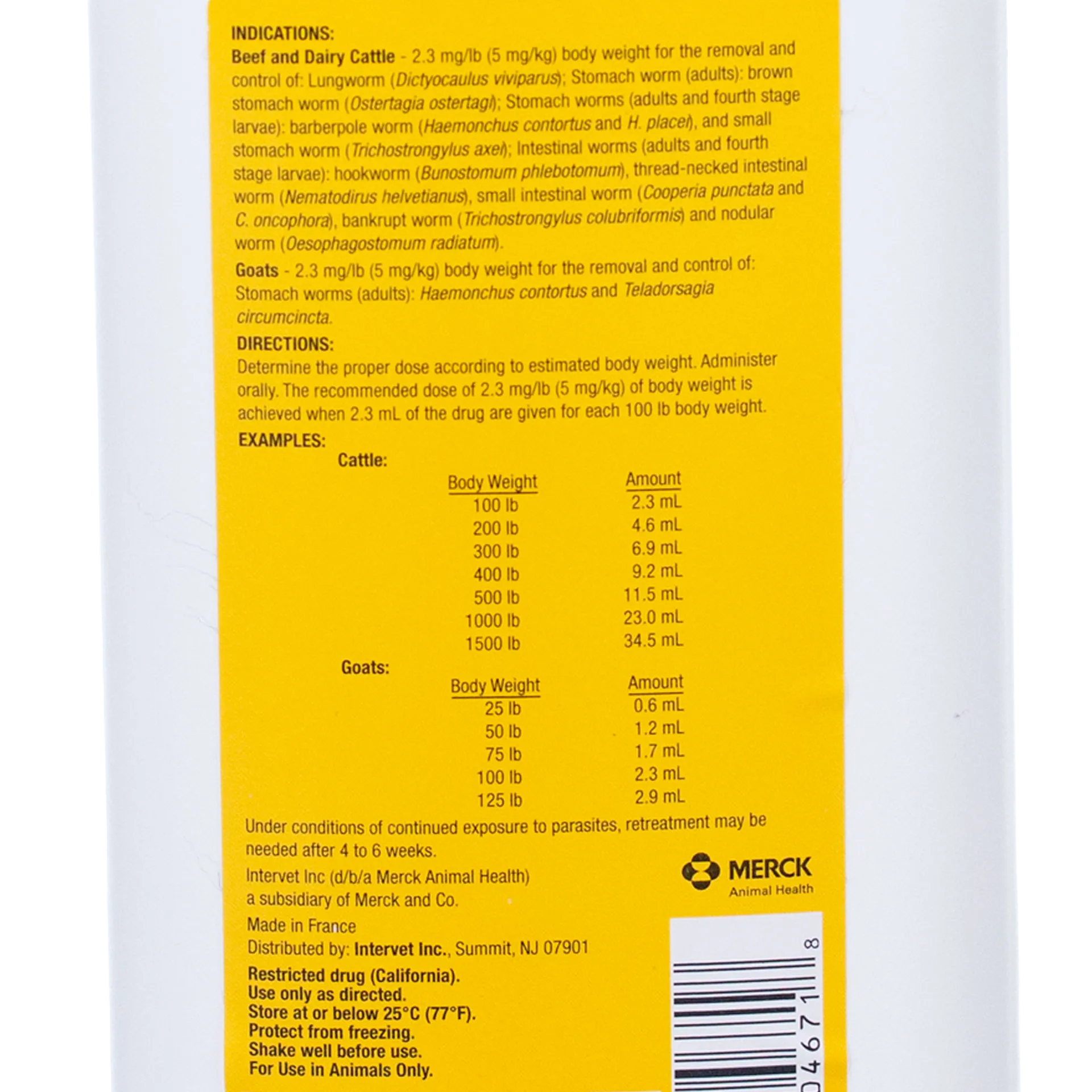 Safe-Guard® Dewormer for Goats Cattle,"Back label with dosage directions and barcode"