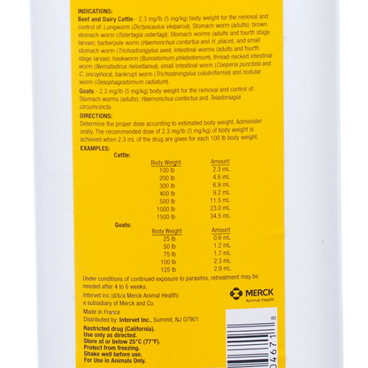 Safe-Guard® Dewormer for Goats Cattle,"Back label with dosage directions and barcode"