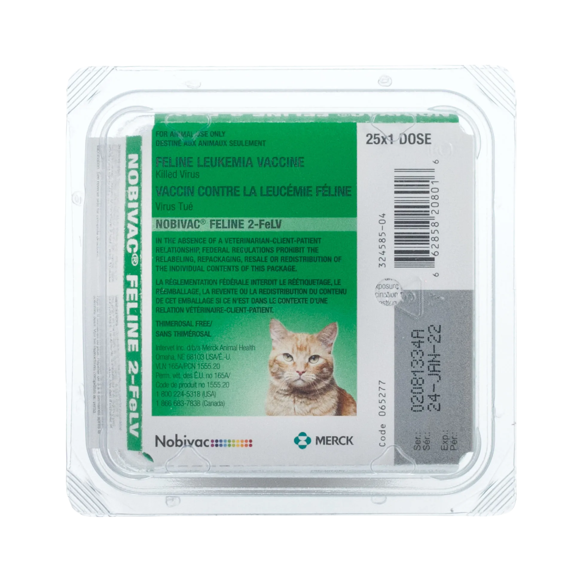 Nobivac® Feline 2-FeLV,"Clear plastic tray with green label and cat image"
