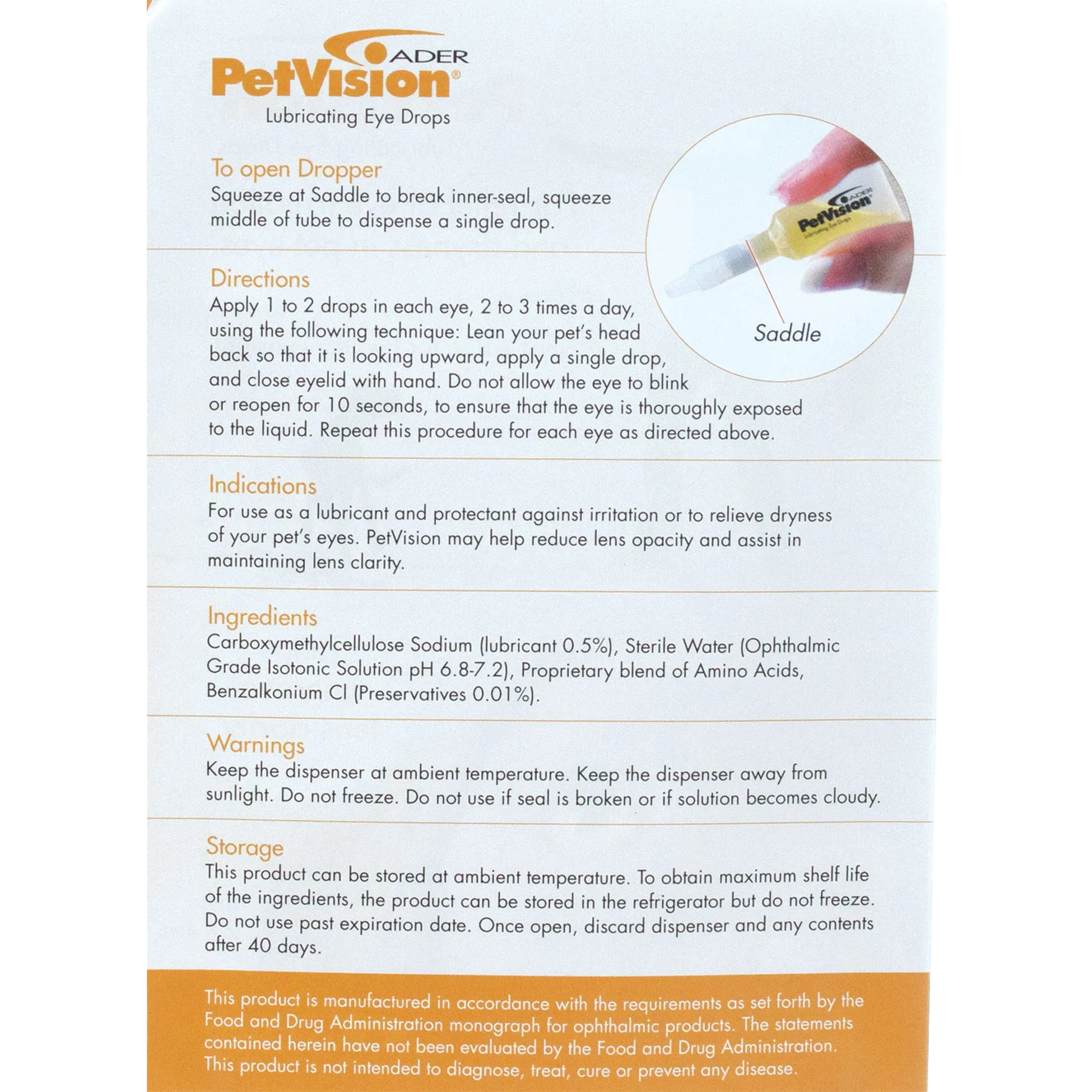 PetVision® Lubricating Eye Drops,"Back label view of box with dropper tip inset"