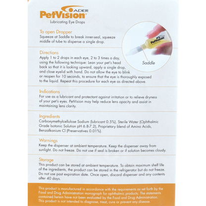 PetVision® Lubricating Eye Drops,"Back label view of box with dropper tip inset"