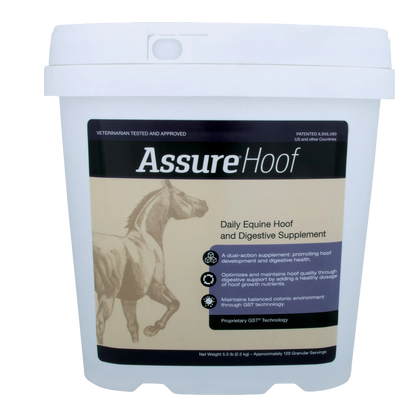 Assure® Hoof,"White plastic supplement tub with front label and snap lid"