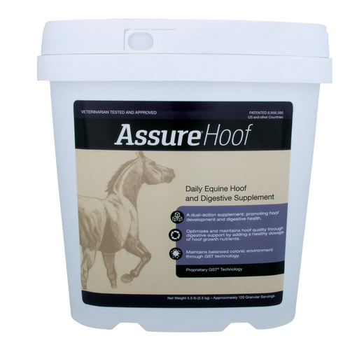 Assure® Hoof,"White plastic supplement tub with front label and snap lid"