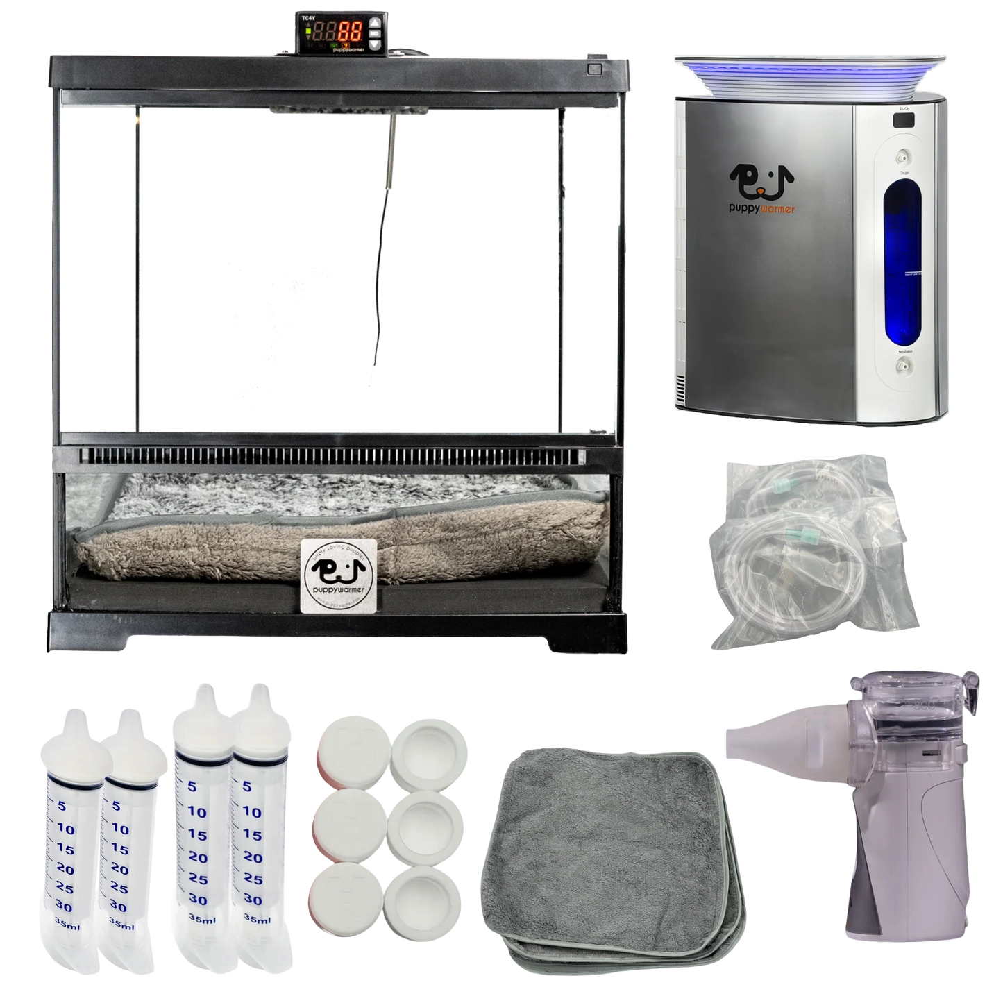 Puppywarmer Bundles,"Warming unit bundle with enclosure, humidifier, bottles, tubing, pads, and nebulizer"