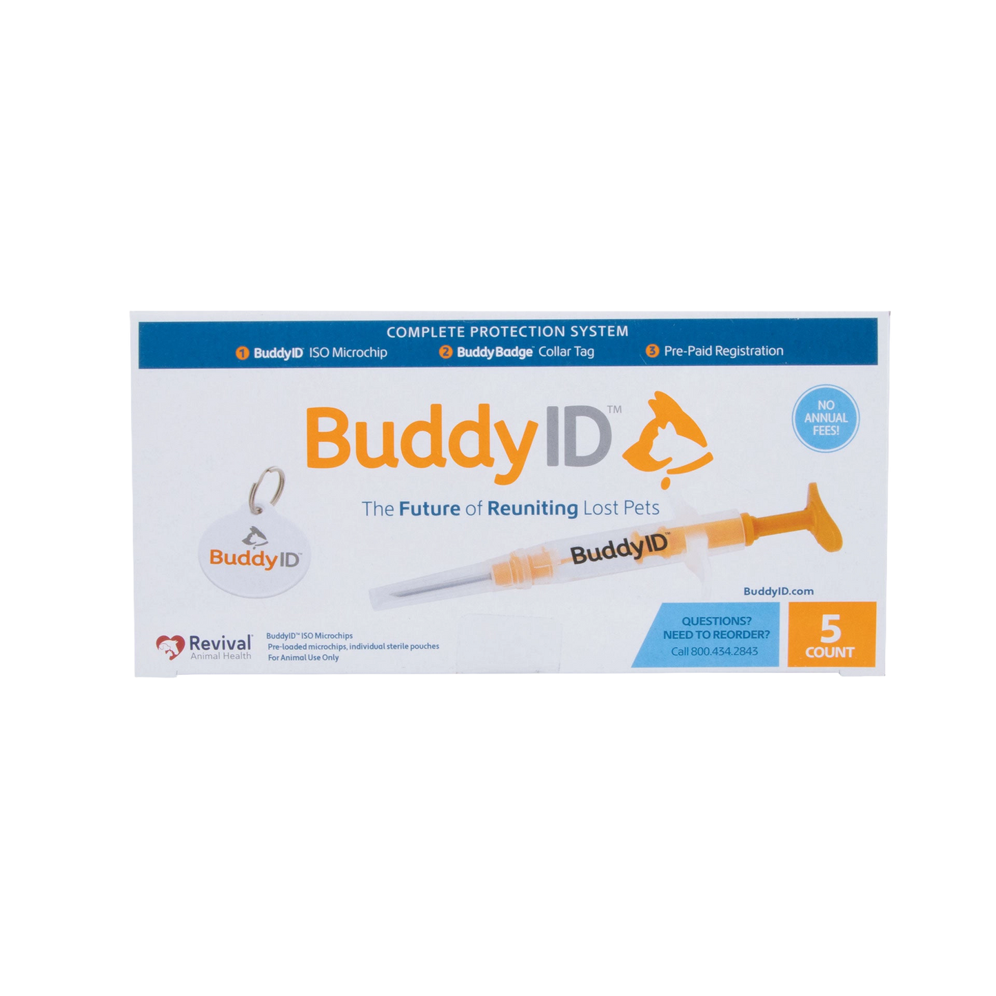 BuddyID® Complete Protection System,"Product box with syringe illustration and round pet ID tag"