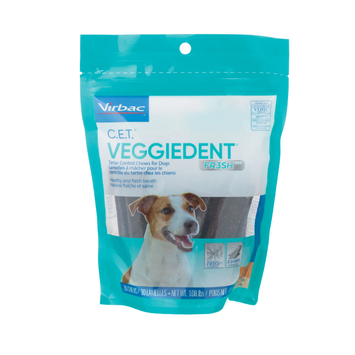 C.E.T.® VeggieDent® Fr3sh,"Teal stand-up pouch with dog image on front"