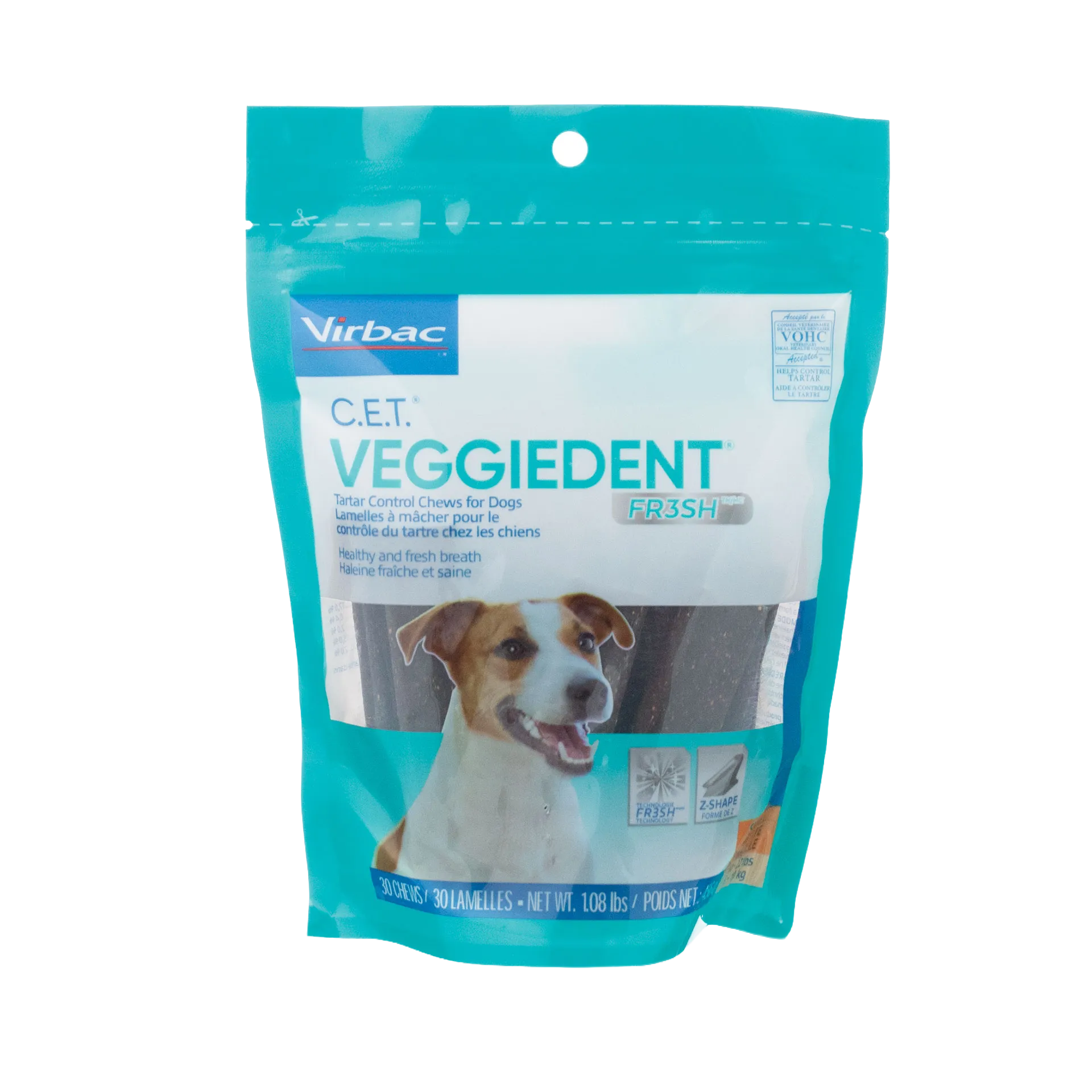C.E.T.® VeggieDent® Fr3sh,"Teal stand-up pouch with dog image on front"