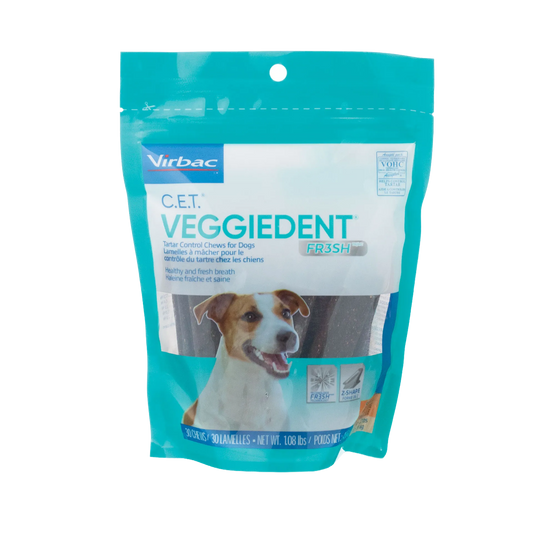 C.E.T.® VeggieDent® Fr3sh,"Teal stand-up pouch with dog image on front"