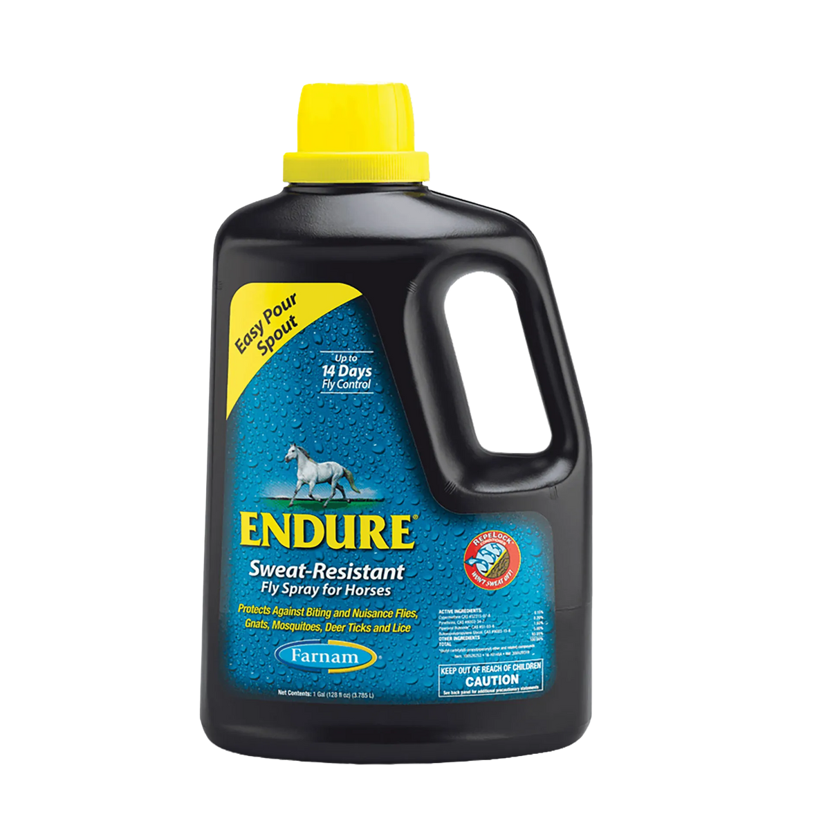 Endure Sweat-Resistant Fly Spray for Horses,"Black gallon bottle with yellow cap and handle"