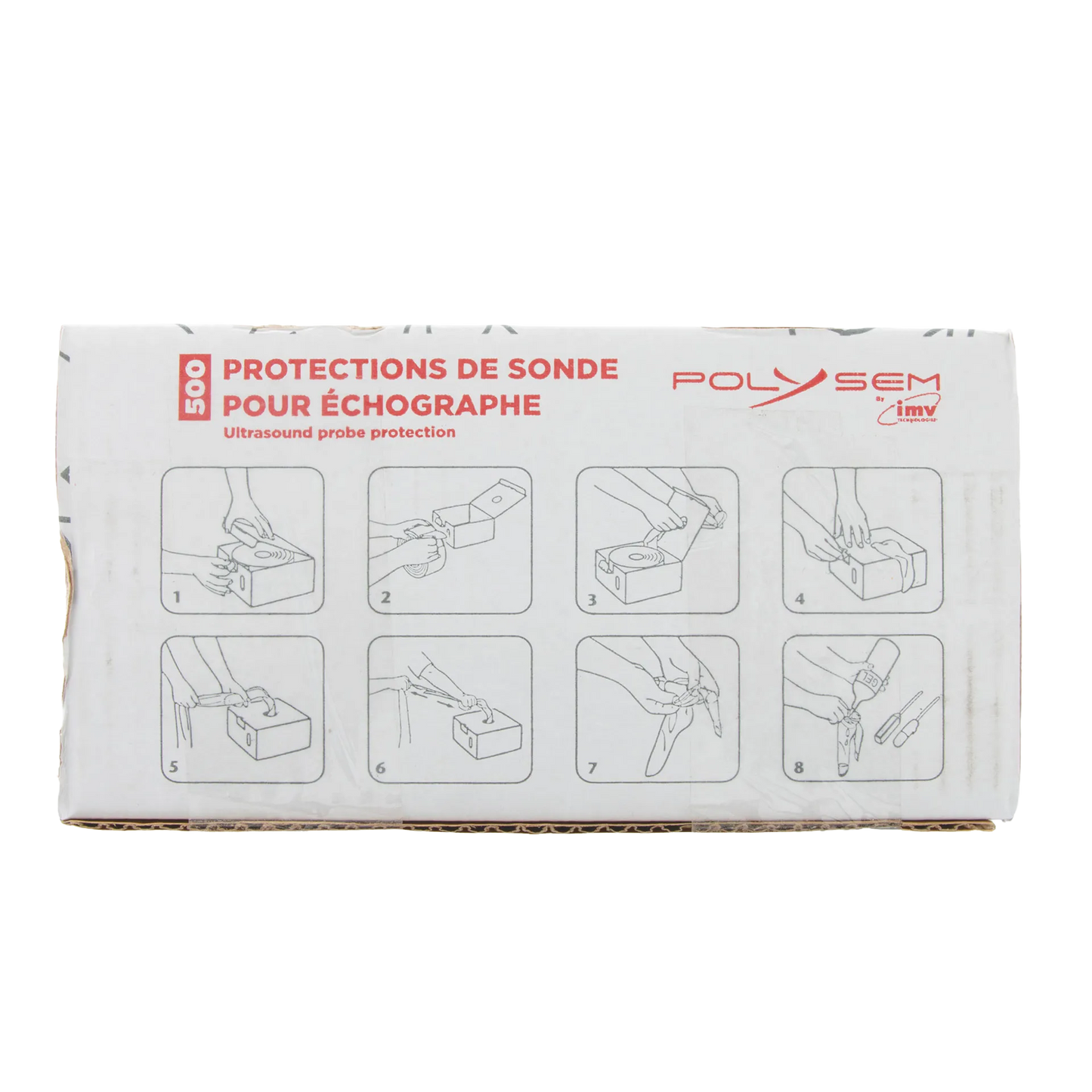 Ultrasound Probe Protector,"Front view of product box with illustrated instruction panels"