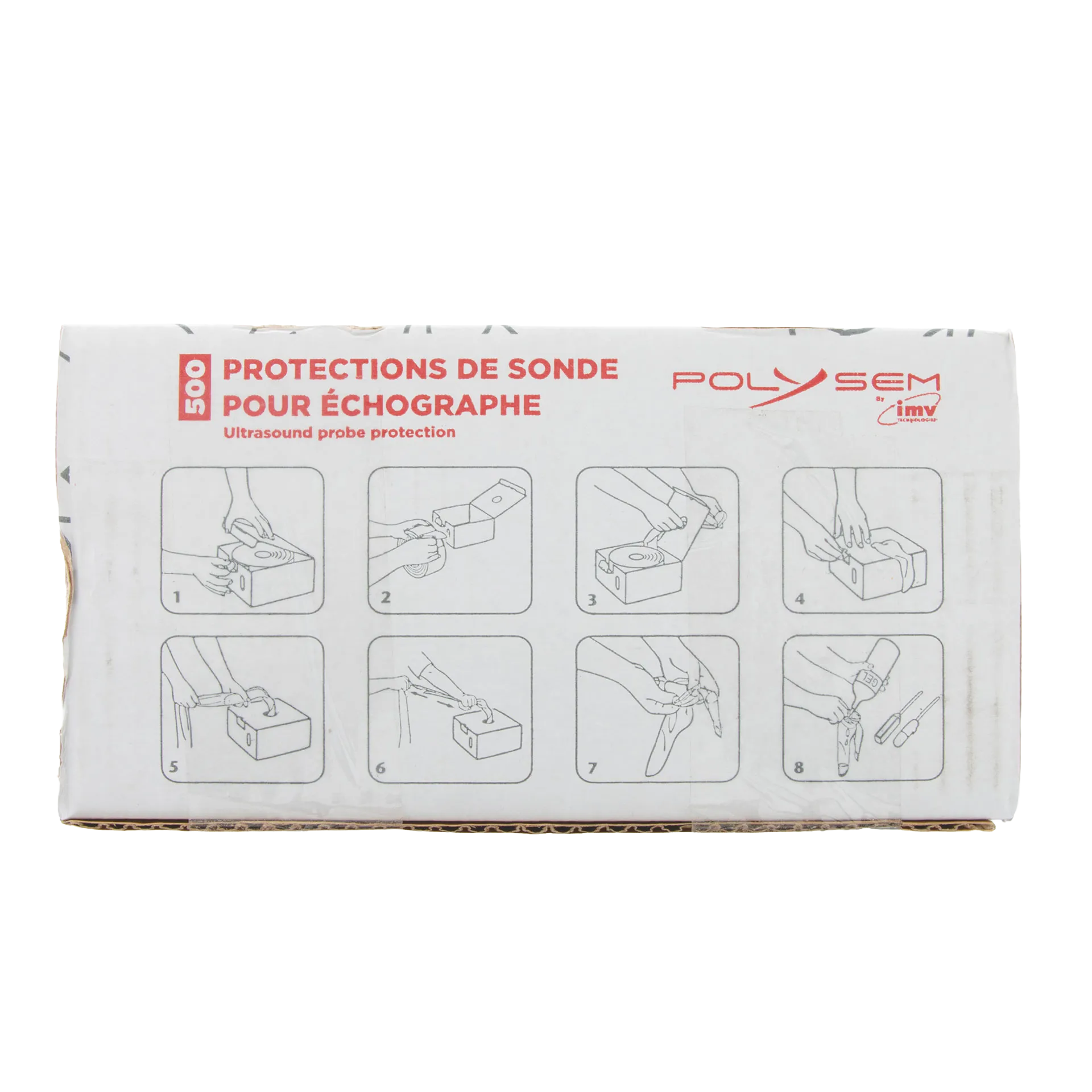 Ultrasound Probe Protector,"Front view of product box with illustrated instruction panels"