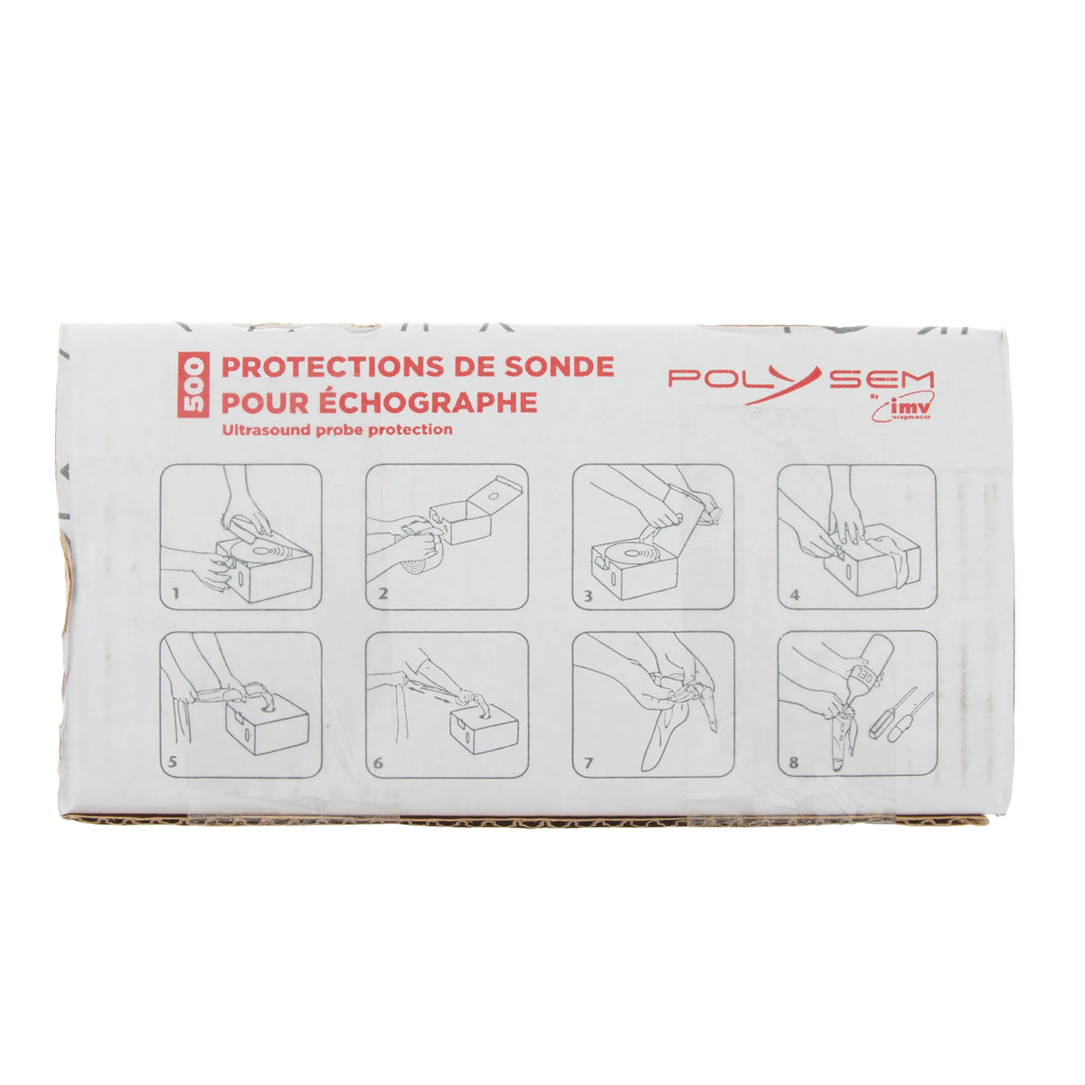 Ultrasound Probe Protector,"Front view of product box with illustrated instruction panels"