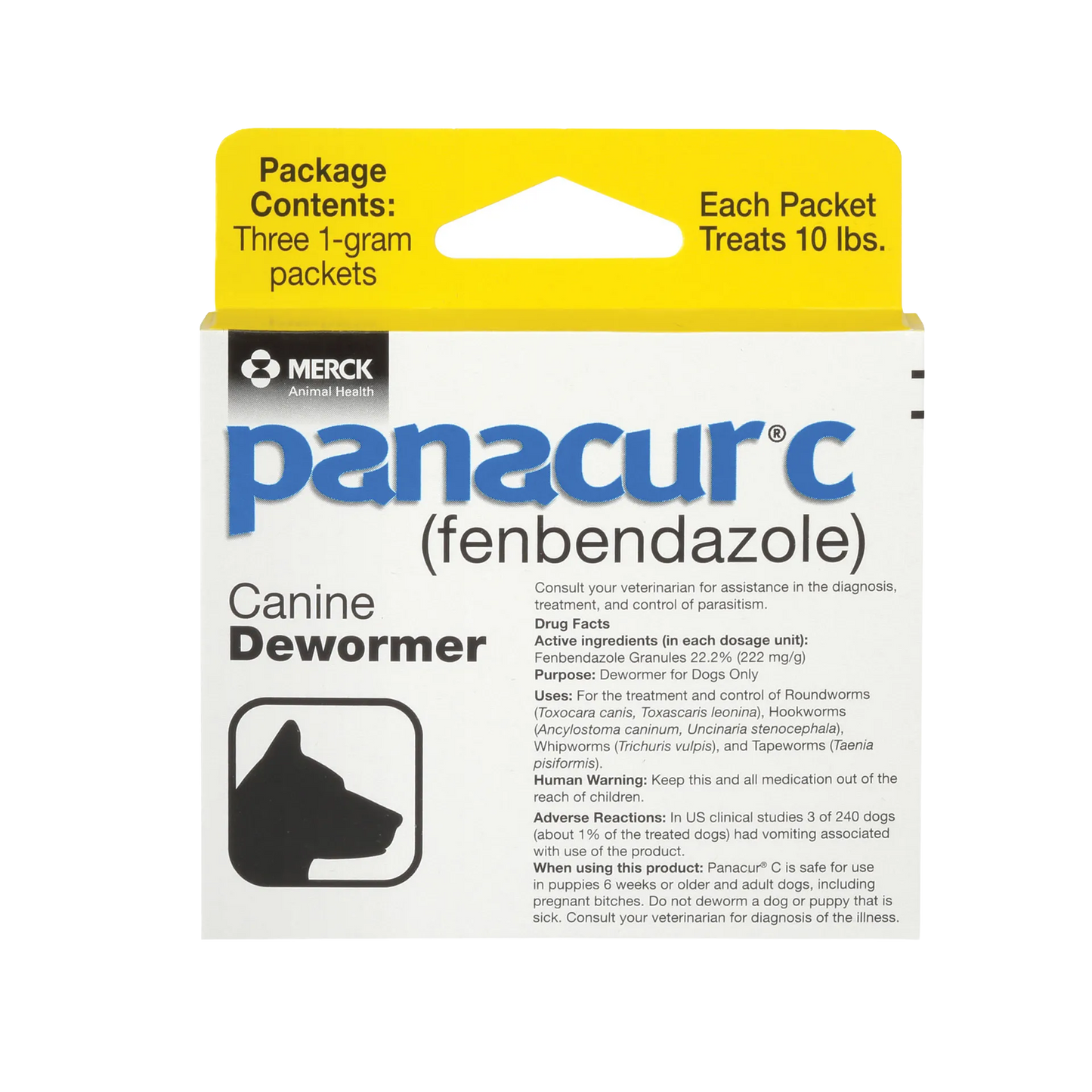 Panacur® C Canine Dewormer,"Front of dewormer box with yellow top flap and dog silhouette"