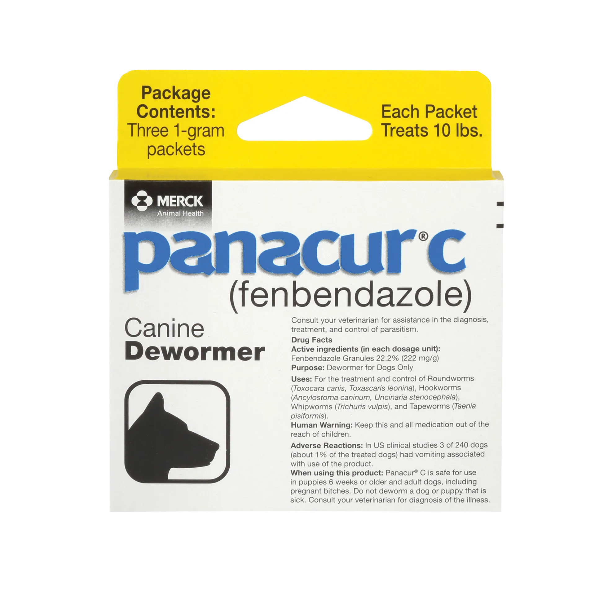 Panacur® C Canine Dewormer,"Front of dewormer box with yellow top flap and dog silhouette"
