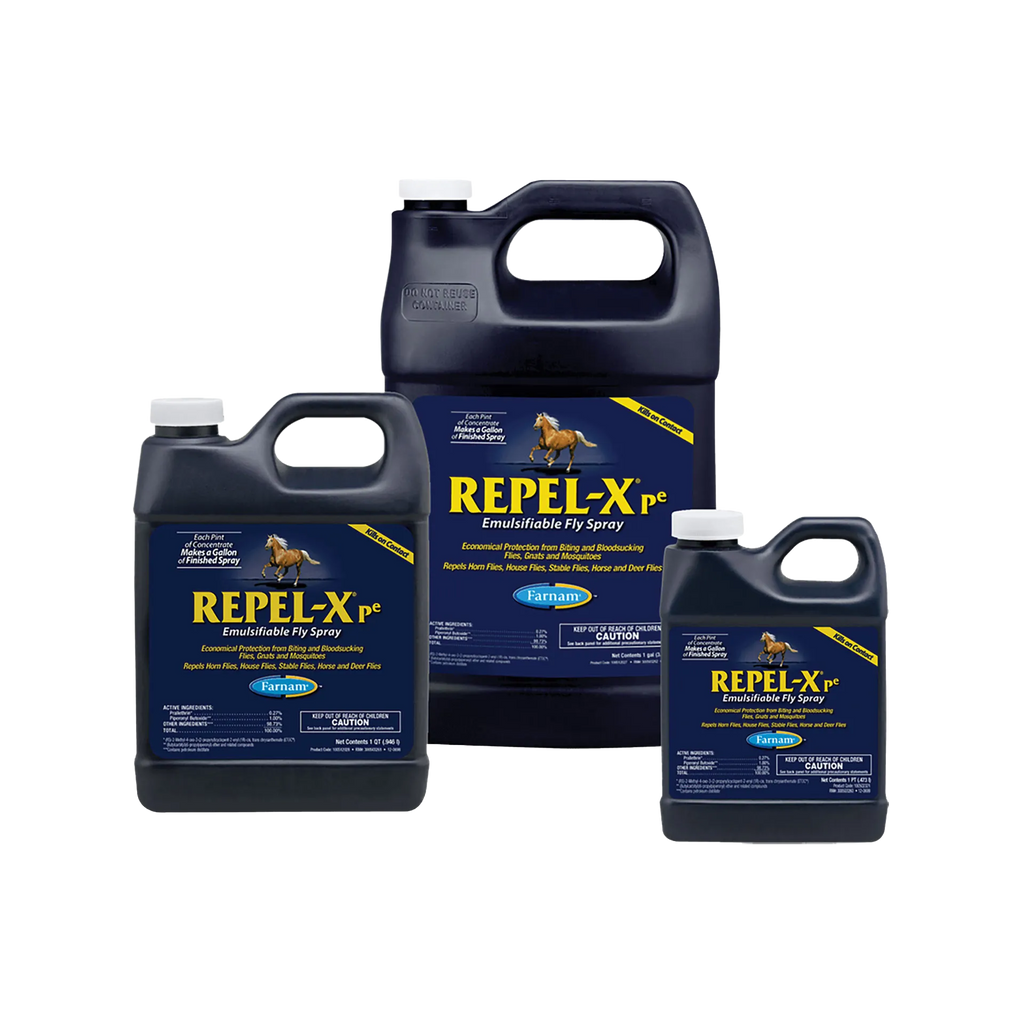 Repel-Xpe Emulsifiable Fly Spray Concentrate,"Three black-handled jugs in assorted sizes"