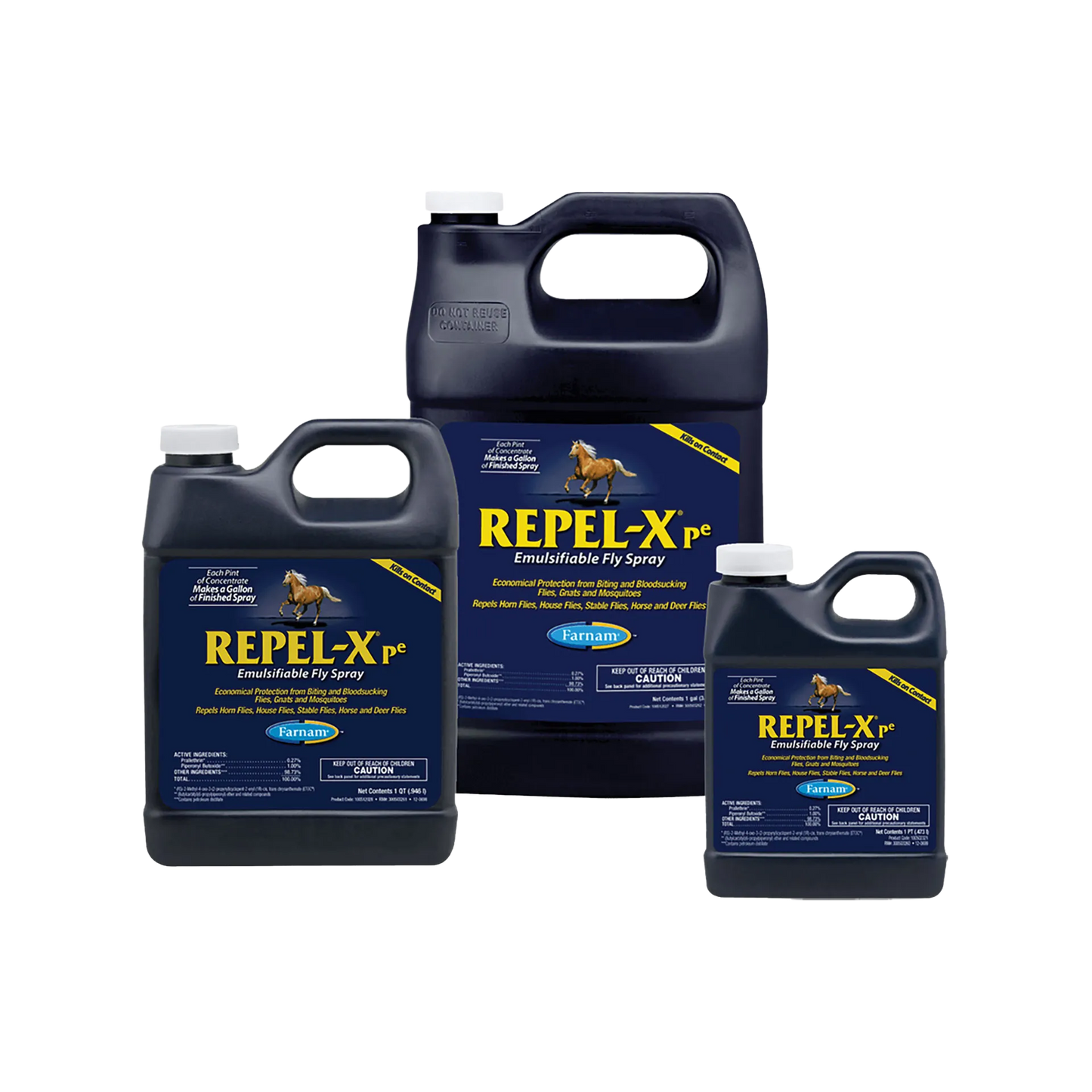 Repel-Xpe Emulsifiable Fly Spray Concentrate,"Three black-handled jugs in assorted sizes"