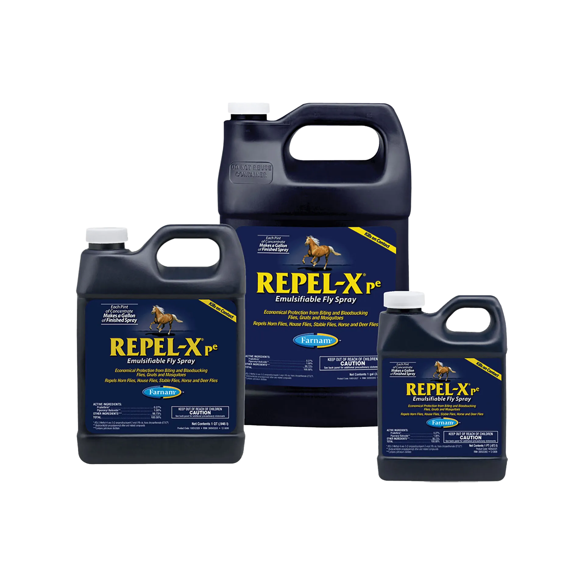 Repel-Xpe Emulsifiable Fly Spray Concentrate,"Three black-handled jugs in assorted sizes"