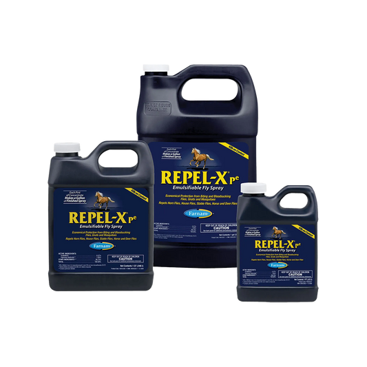 Repel-Xpe Emulsifiable Fly Spray Concentrate,"Three black-handled jugs in assorted sizes"