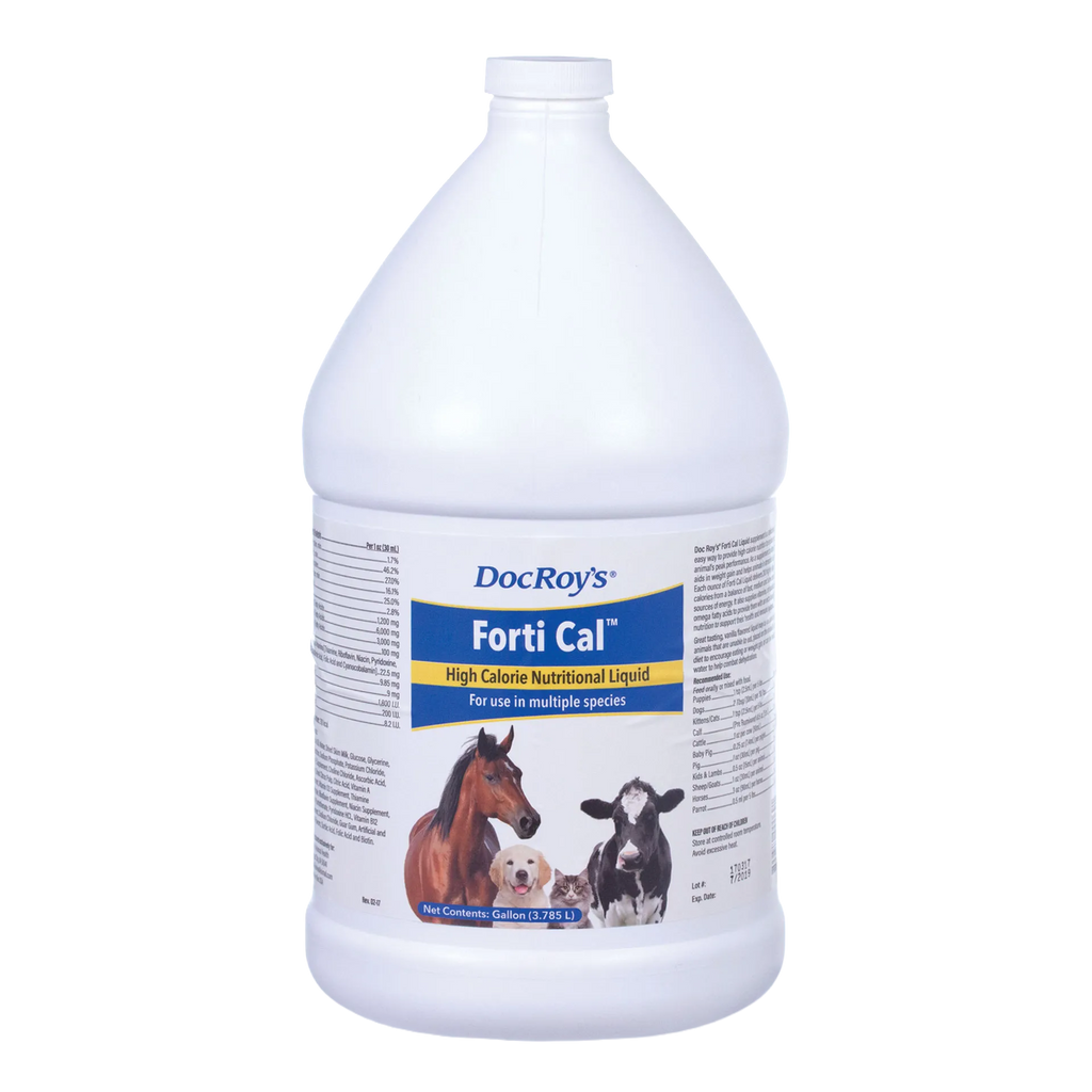 Doc Roy's® Forti Cal™ Liquid,"Gallon jug with front label showing horse, calf, dog, and cat"