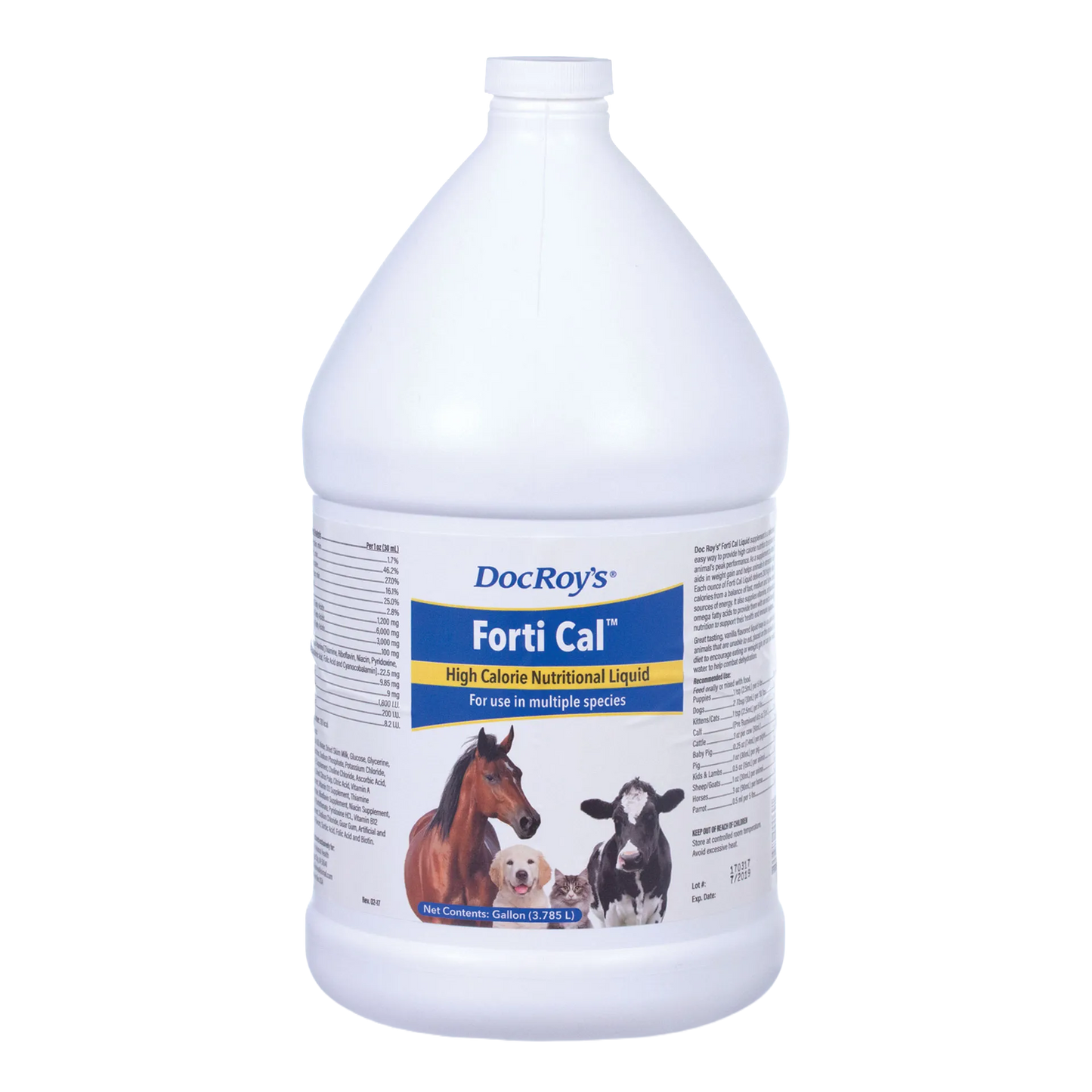Doc Roy's® Forti Cal™ Liquid,"Gallon jug with front label showing horse, calf, dog, and cat"