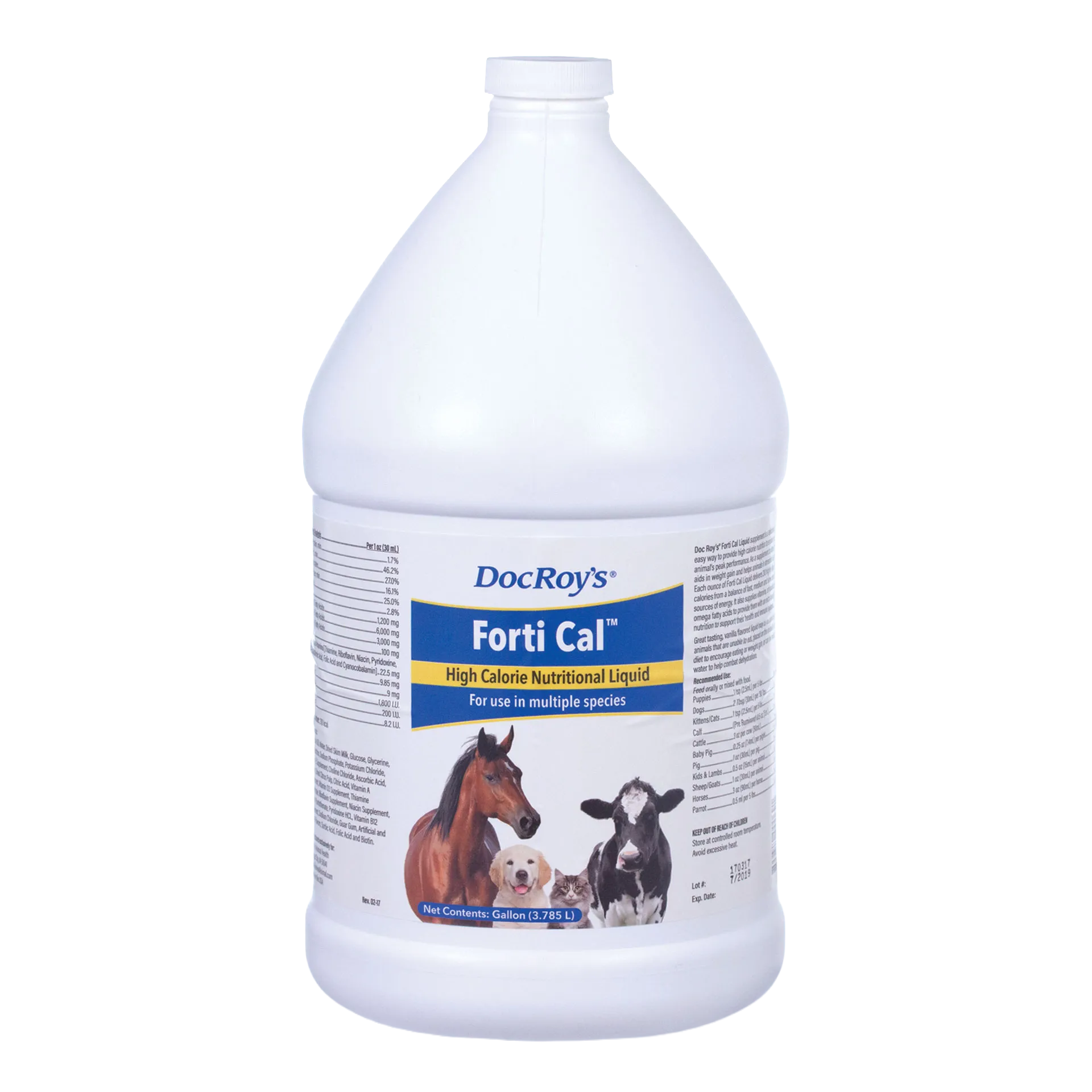 Doc Roy's® Forti Cal™ Liquid,"Gallon jug with front label showing horse, calf, dog, and cat"