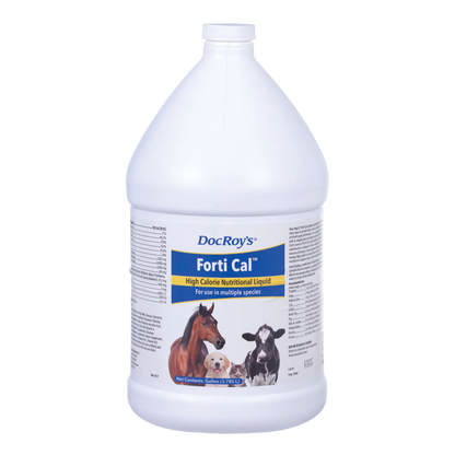 Doc Roy's® Forti Cal™ Liquid,"Gallon jug with front label showing horse, calf, dog, and cat"