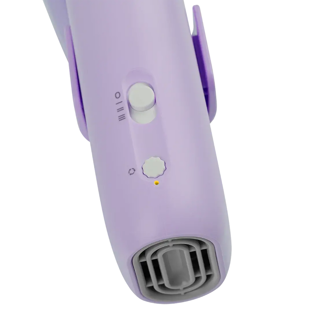 Mini Portable Neck Dryer by TZGroom,"Close-up of lavender handheld dryer with vent and controls"
