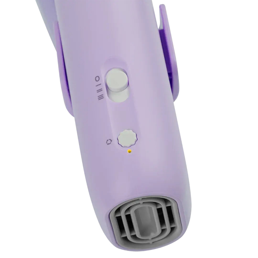 Mini Portable Neck Dryer by TZGroom,"Close-up of lavender handheld dryer with vent and controls"
