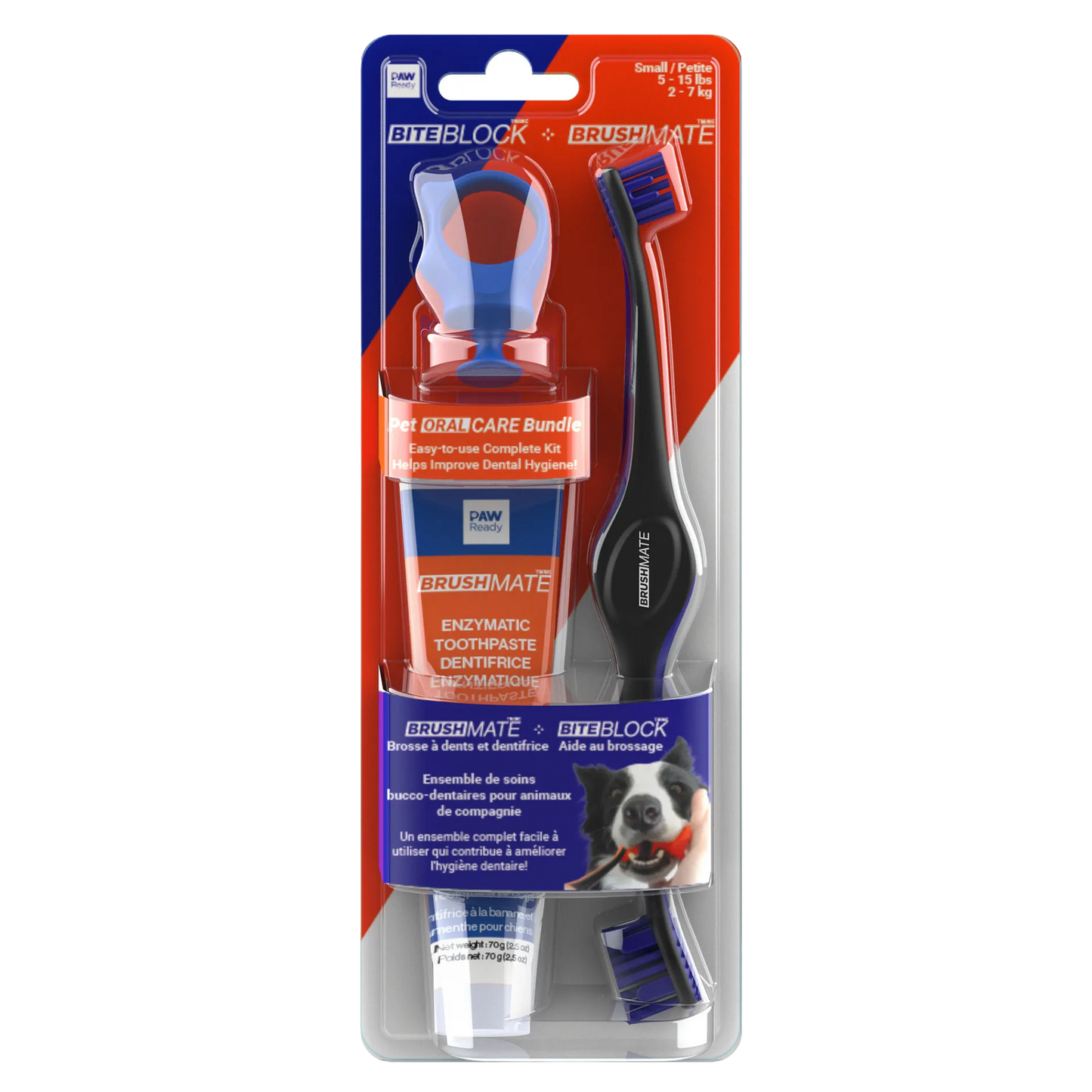Paw Ready Oral Care Bundle,"Blister pack with dog toothbrush, toothpaste tube, and bite block"
