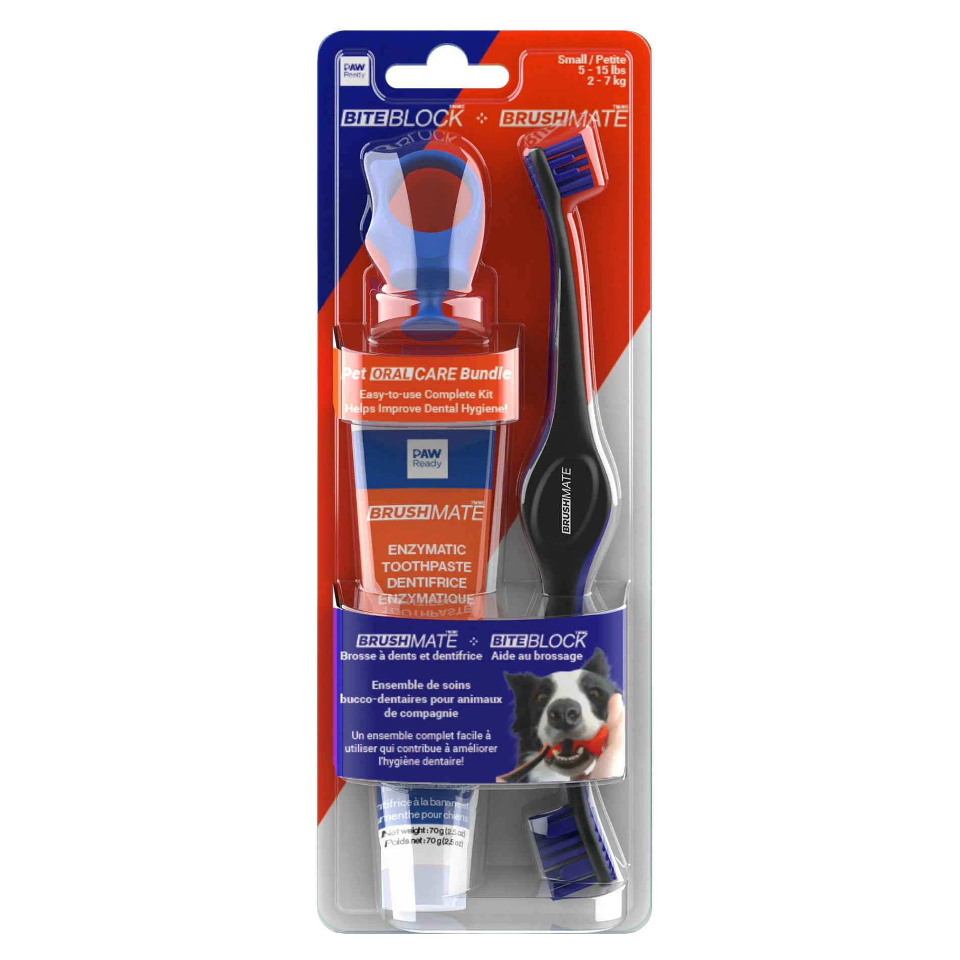 Paw Ready Oral Care Bundle,"Blister pack with dog toothbrush, toothpaste tube, and bite block"