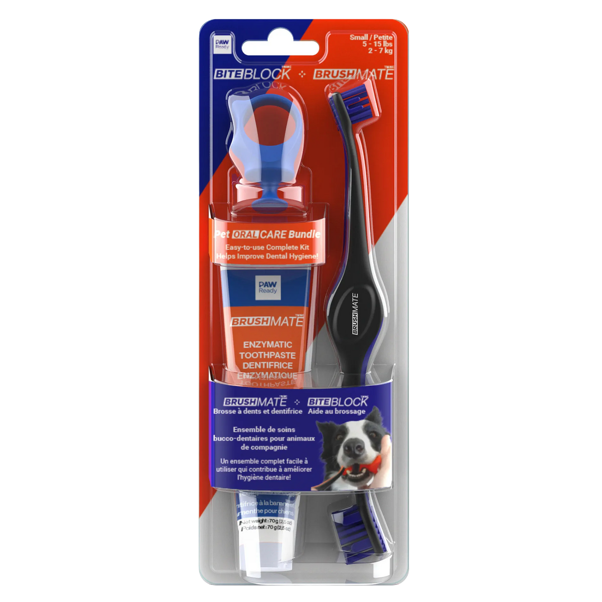 Paw Ready Oral Care Bundle,"Blister pack with dog toothbrush, toothpaste tube, and bite block"