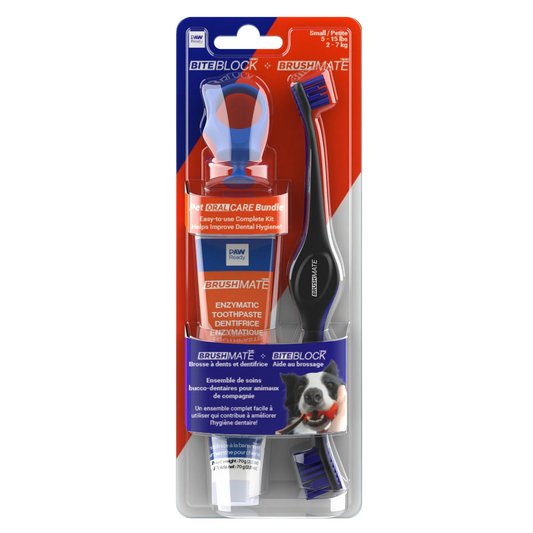 Paw Ready Oral Care Bundle,"Blister pack with dog toothbrush, toothpaste tube, and bite block"