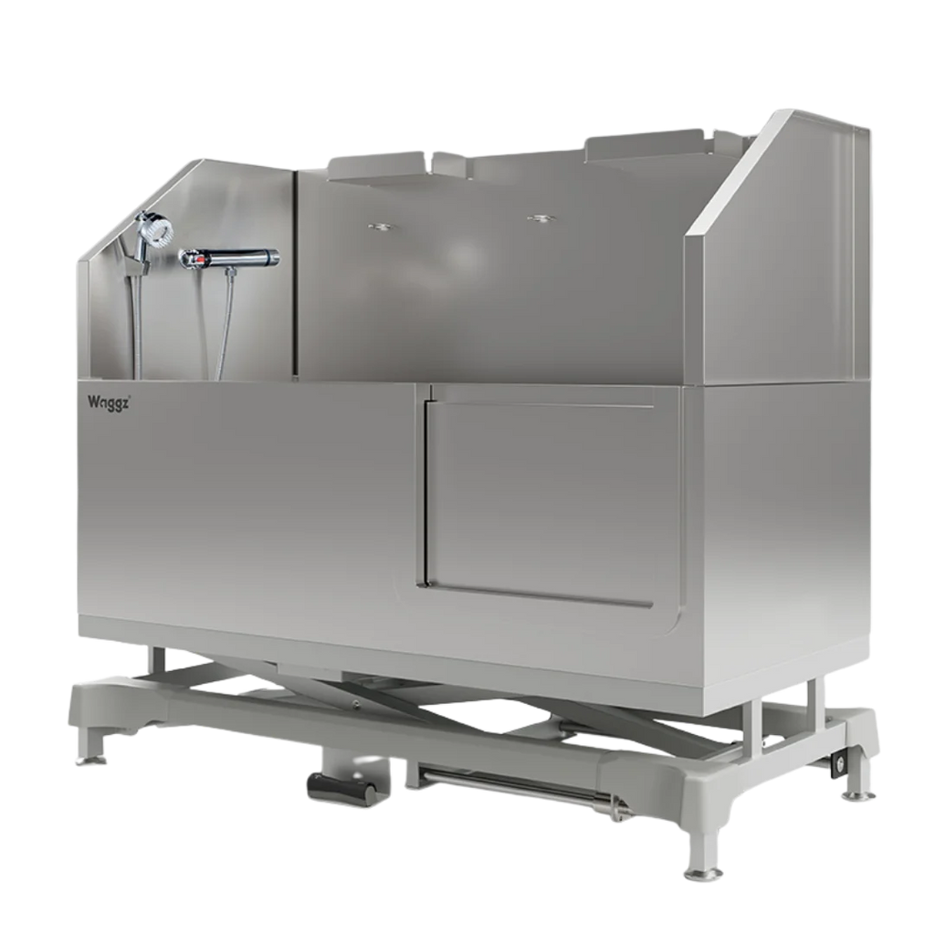 Dog Grooming Electric Tub with Sliding Door by Waggz,"Stainless steel grooming tub with sliding side door and handheld sprayer"