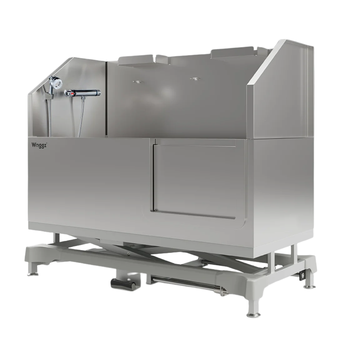 Dog Grooming Electric Tub with Sliding Door by Waggz,"Stainless steel grooming tub with sliding side door and handheld sprayer"