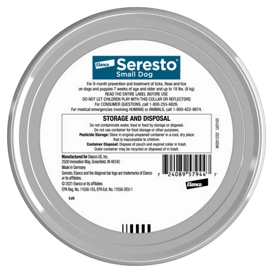 Seresto® Flea & Tick Collars for Cats & Dogs,"Round collar tin with labeled lid, top view"